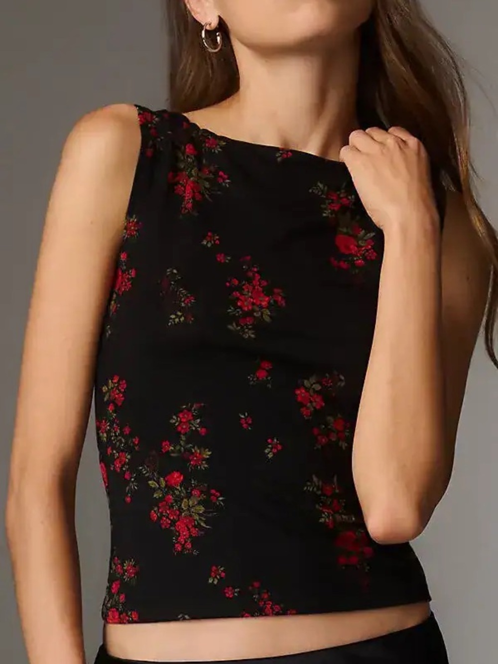 Reformation Black Tank Top with Red Floral Print